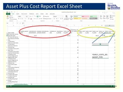 Lets discuss the Asset Plus Cost Report in more detail. In column A you will see your Asset Name listed for each asset you selected during the querying of the report.