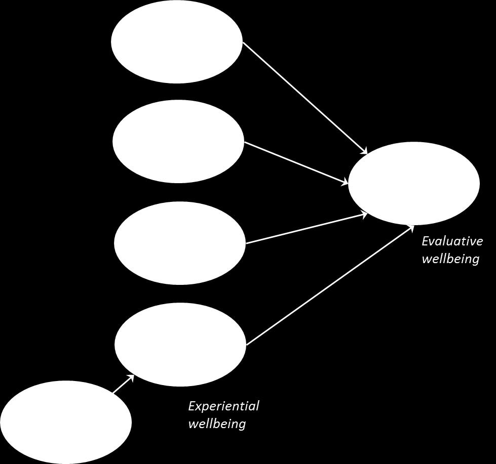 Figure 1: Sub-domains of subjective wellbeing and their relationship to life satisfaction We explored the relationship between commuting and each of these different aspects, or sub-domains, of SWB.