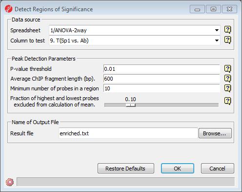 Figure 13: Configuring the Detect Regions of Significance dialog The result will be displayed in