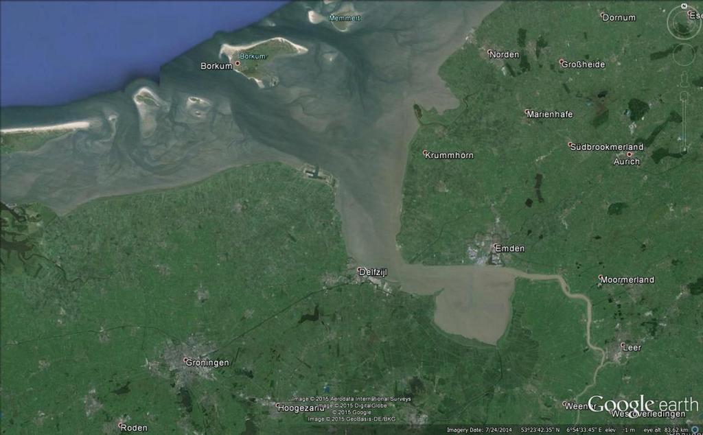 EU-WFD water bodies and EU-MSFD zonation in the Ems estuary: Red with white boundaries: Dutch
