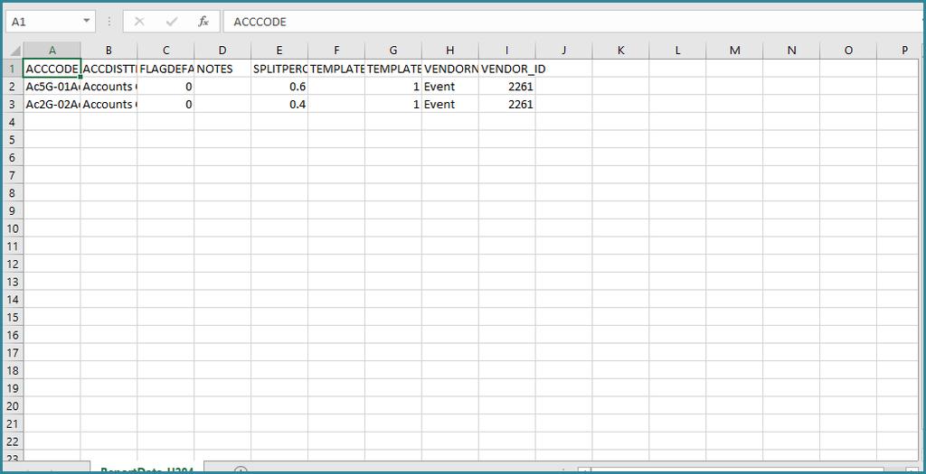 Figure 18: CSV file for account code template export To export an Account Code template: 1. From the Dashboard, navigate to > Accounting > Account Code Template. 2.