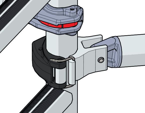 The pin is locked in place by a red tab to ensure that it remains in place. From the disengaged position, pivot the pin / tab to bring the pin horizontal.