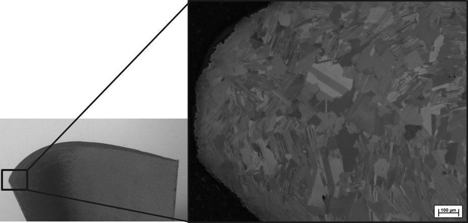 Research Article 1587 shows an investment casted blade from recycled ingot material. The images of the microstructure of the cast part after HIP and heat treatment are shown in Fig. 10.
