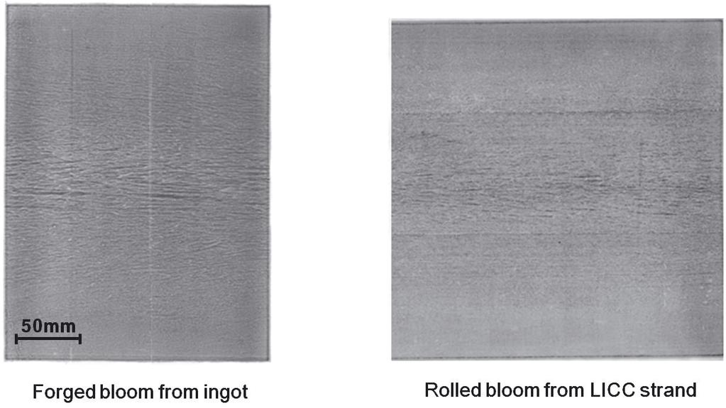 Fig. 14. Macro-structure of a forged bloom from a 6-ton ingot (left) and of a rolled bloom from the LICC strand (right).