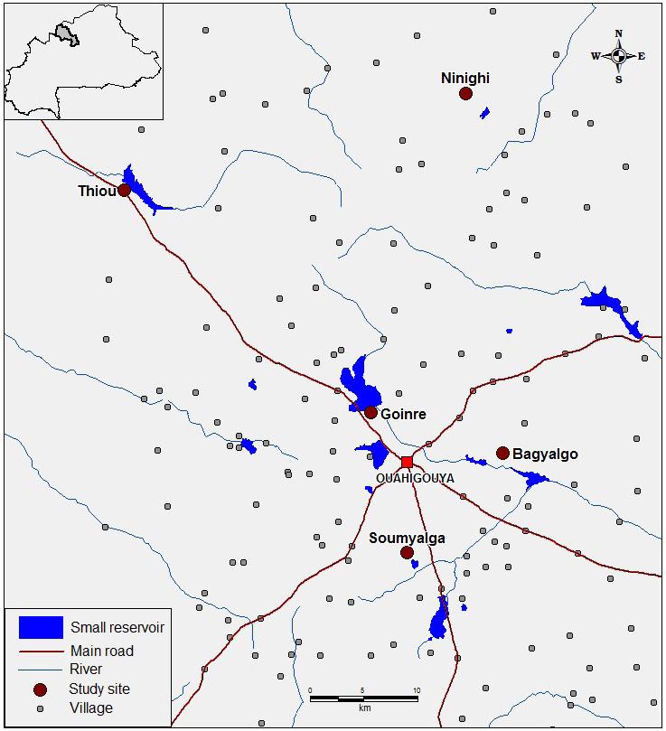 Figure 1. Map showing the five small reservoirs where the study was conducted in Yatenga Province of Burkina Faso. respectively.