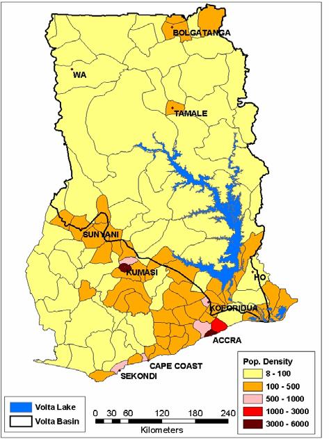 Figure 8: Distribution of population density in Ghana In Ghana the most populated areas are located outside the Volta Basin, except Tamale and the upper regions (Fig 8).