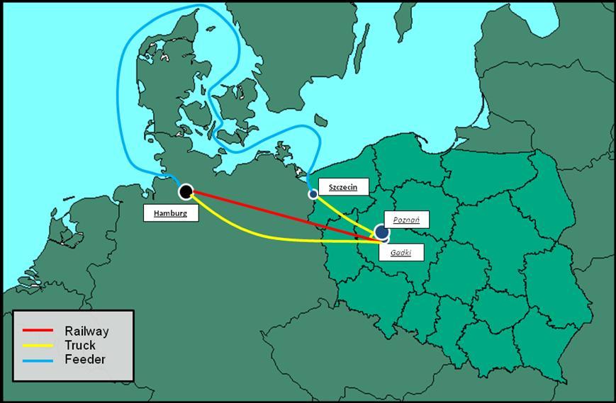 Fig. 5-7 Example of transport network from Hamburg to Poznan Source; ILiM own study In the picture above two stages of this transport chain composed of see and road legs are presented.