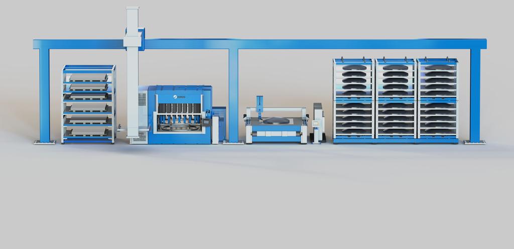 HIDRO /A 1. Sheet feeding 2. Stamping and hydroforming 3. Edge trimming 4. Intelligent storage The metal sheets are arranged on shelves by a forklift.
