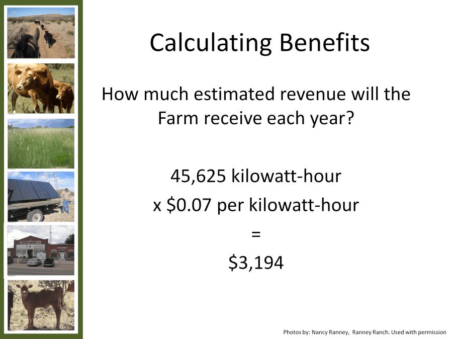 Now that we have a good estimate of how much electricity will be generated from the solar panels, we can estimate the total amount of revenue the farm might expect to receive from the local electric