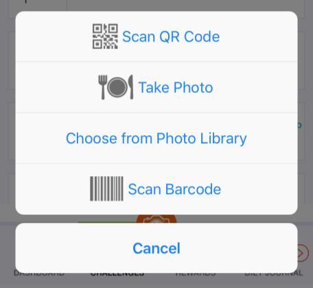 7. Where can I find the QR Code scanning function on the Healthy 365 app? An orange camera icon can be found in the middle of the menu bar at the bottom of the app.