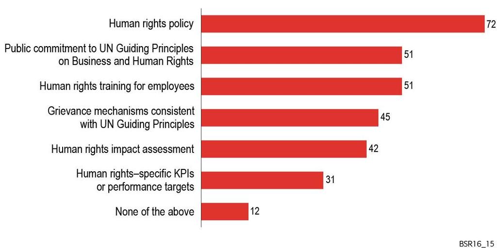 While having a human rights policy is common, other important activities that can help advance human rights are much less widespread.
