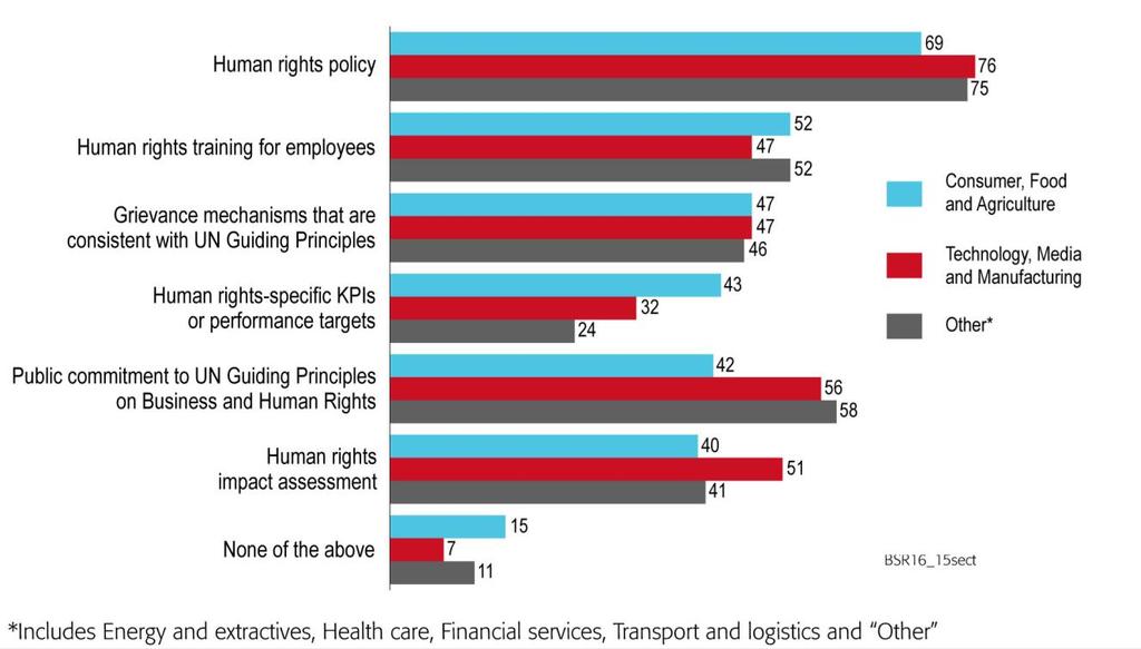 Companies in the consumer, food, and agriculture sectors are less likely than those in other sectors to have publicly committed to the UN Guiding Principles.