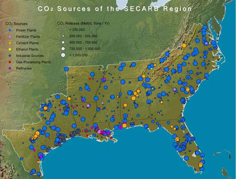 CO 2 Sources of the SECARB Region Annual CO 2 emissions = 1045 million metric tons (1.