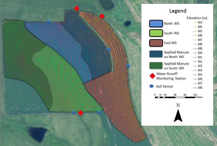 Figure 1. Location of manure application zones and monitoring stations within the three watersheds.