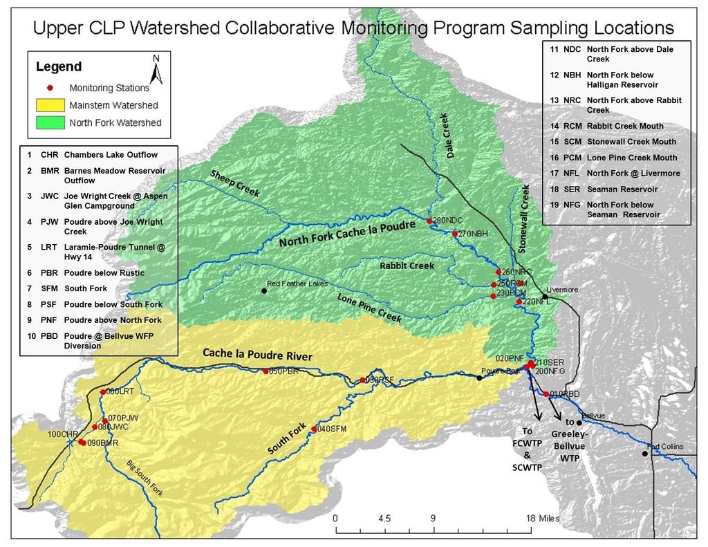 The monitoring network consists of 19 sampling locations selected to characterize the headwaters, major tributaries and downstream locations of the CLP near the City of Fort Collins, Tri-Districts
