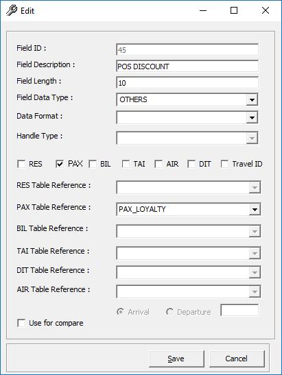 Figure 4-6 - Edit Data Import field 4. Enter the relevant field, check the PAX check box, and in the PAX Table Reference drop-down list, select PAX_LOYALTY. 5.
