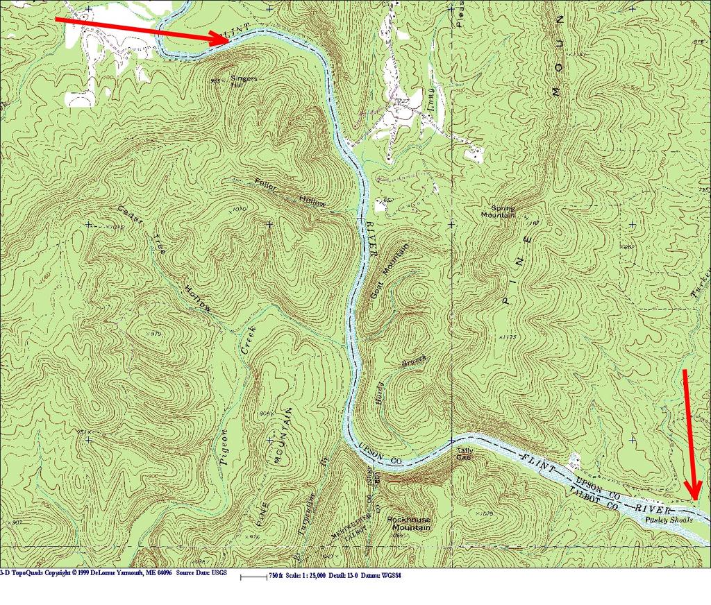 1. The Flint River enters the Sprewell Bluff area of Pine Mountain here. The Flint River at Pine Mountain is an excellent example of a stream that does exactly this. N 750 2.
