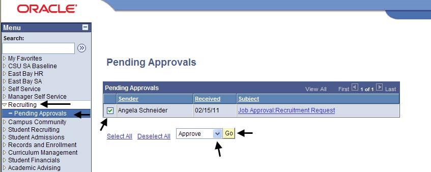Navigate to Recruiting > Pending Approvals The Pending Approvals page Note: If there are multiple pending Recruitment Requests, they all will display. 4.