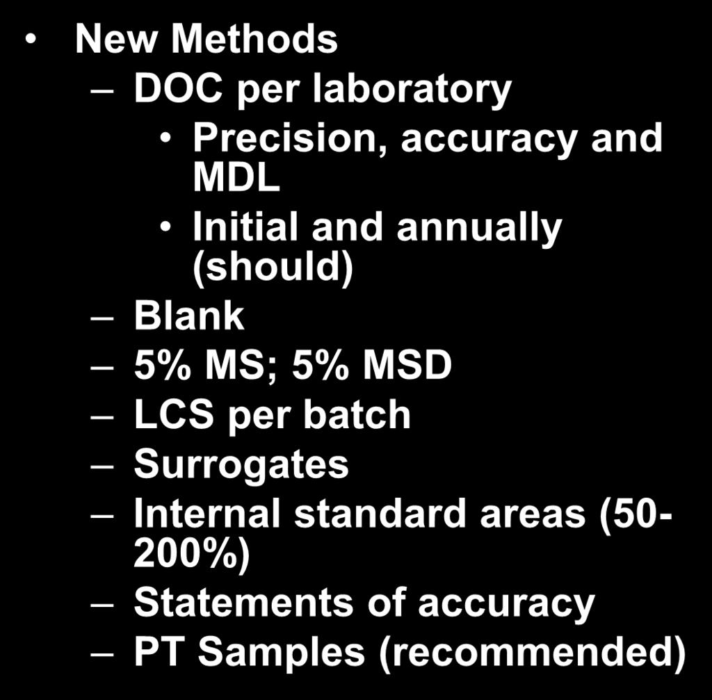accuracy and MDL Initial and annually (should) Blank 5% MS; 5% MSD LCS per batch