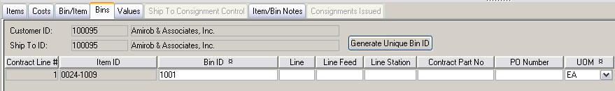 Bins Tab Assign customer bins to this contract item Can only use tab if using handheld bin management The Bin ID is a user defined alphanumeric field that must be