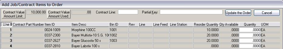 Job/Contract in Order Entry Selecting contract items This window appears after clicking Display Contract Items Contract value limit and amount used are