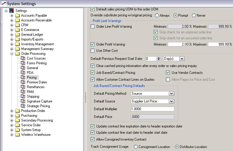 Contract Pricing System Settings Setup Band/ System
