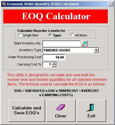 ECONOMIC ORDER QUANTITY (EOQ) CALCULATOR The Economic Order Quantity calculator displayed below is a statistical tool used to calculate optimum run quantities and reorder levels for inventory items.