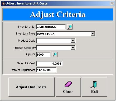 ADJUST INVENTORY UNIT COSTS The Adjust Inventory Unit Costs utility displayed in the figure below should not be used unless directed by Henning Software.
