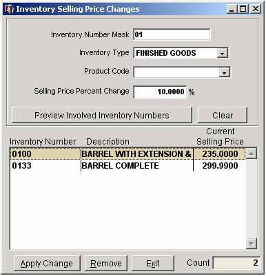 INVENTORY SELLING PRICE CHANGE The Inventory Selling Price Changes form displayed in the figure below is used to adjust an inventory item s selling price by a defined percentage.