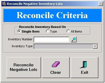 RECONCILE INVENTORY NEGATIVE LOTS The Reconcile Inventory Negative Lots utility displayed in the figure below is used for mass reconciliation of inventory quantities using current company settings.