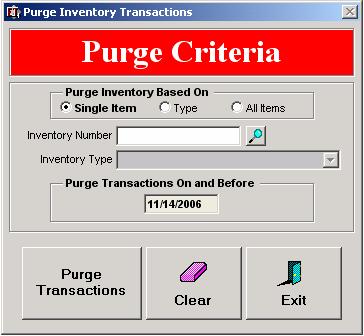 PURGE INVENTORY JOURNAL The Purge Inventory Journal utility displayed in the figure below is used to purge all inventory transactions.