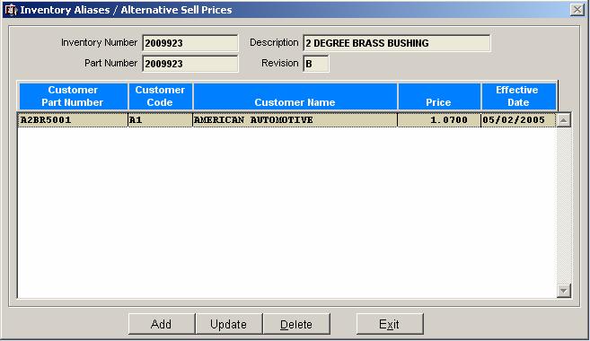 Alternative Aliases and Alternative Sell Prices User can enter alternative part number aliases and alternative sell prices by activating the pushbutton found in the Inventory Definition section of