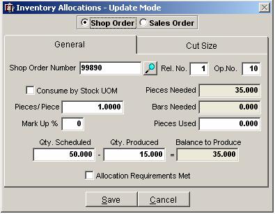 Inventory Allocations The Inventory Allocations form displayed in the figure below represents the allocation made by either a Sale or Shop order for an inventory item.