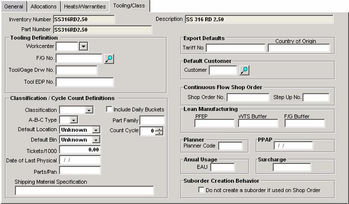 Tooling/Class The Tooling/Classification tabulation is used to capture Inventory Item specific configurations.