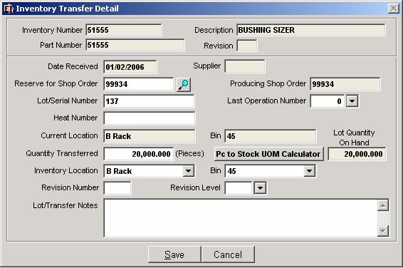 Inventory Transfer For lot controlled inventory transfers, the Inventory Transfer Detail form displayed below is used.