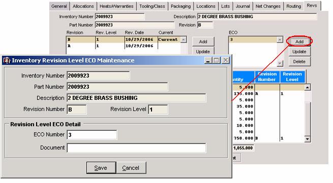 Linking an ECO to an Inventory Revision Inventory Revisions can be linked to Engineering Change Orders using the Inventory Revision Level ECO Maintenance form displayed below.