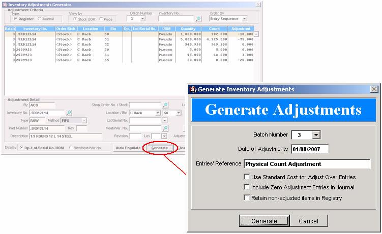 Step 5: Generate Adjustment to Inventory To generate the Physical Count Adjustments into an Item s Inventory Journal, activate the GENERATE pushbutton located at the bottom of the screen.