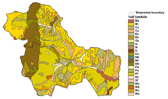 Figure 5.24. Spatial distribution of major soil types in the Owl Run watershed.