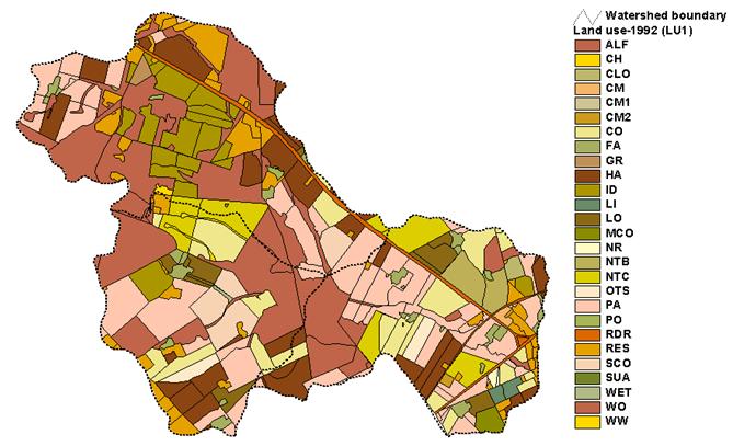 Arc/View (ESRI, 1992). Figure 5.25 shows the spatial distribution of land use activities during the first period of 1992. Figure 5.25. Spatial distribution of representative land uses in the Owl Run watershed in 1992 (April through October).