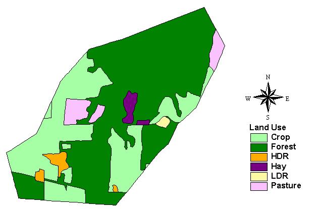 Figure 5.55. Spatial distribution of land use categories in QN2 Sub-watershed. The selected land use categories include crop, forest, hay, pasture, low density, and high density developed areas.