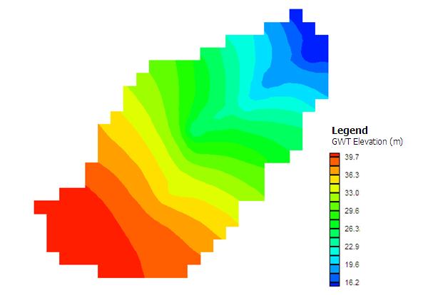 Figure 5.59. Spatial distribution of ground water table elevation (GWT) at the end of the simulation period.