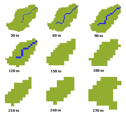 Figure 6.41. Watershed boundary and channel network maps for various grid resolutions. Figure 6.42 and Figure 6.