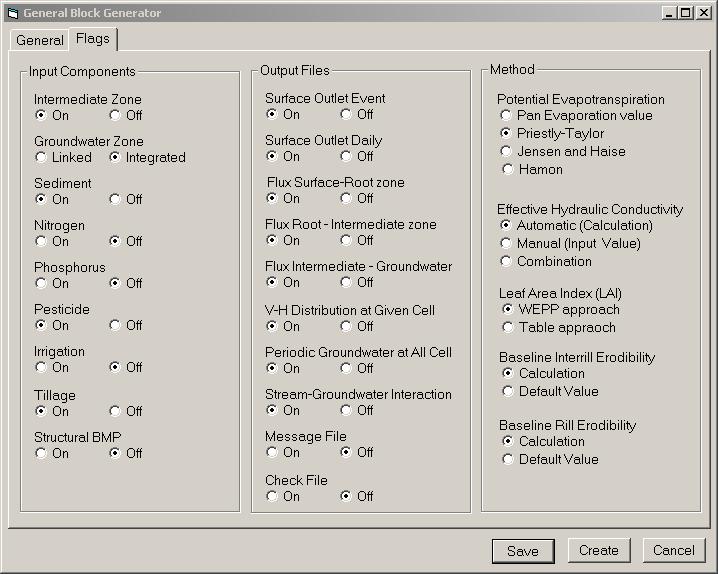 Figure A.5 Flags tab of the General Block Generator window to control component, output, and method flags.