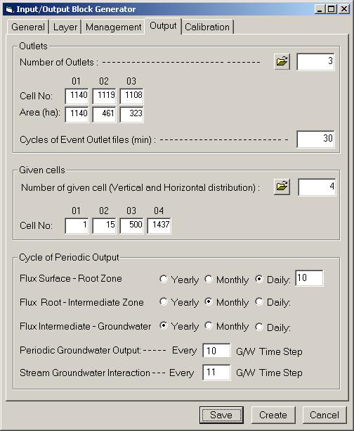 Figure A.9 Output tab of the Input/Output Block Generator interface window. Initial Value submenu covers Initial Data Block of the main input file.