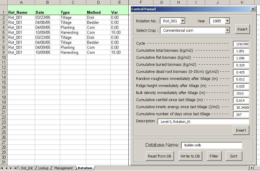 Figure A.19 Control panel and spreadsheet of Rotation Builder Excel workbook. Weather Weather menu opens Generate Break Point Rainfall Data window (Figure A.20).