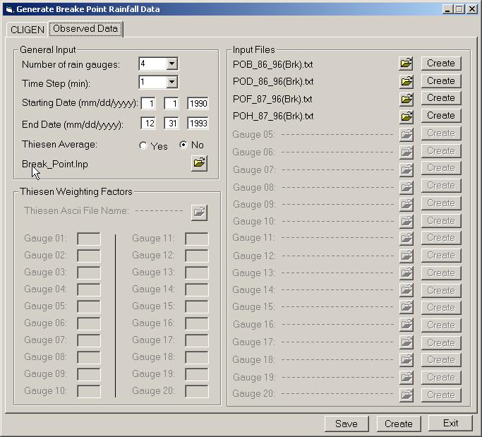 Run Figure A.20. Interface window for creating break-point rainfall input file. Run menu contains Create Input and Run DANSAT submenus.