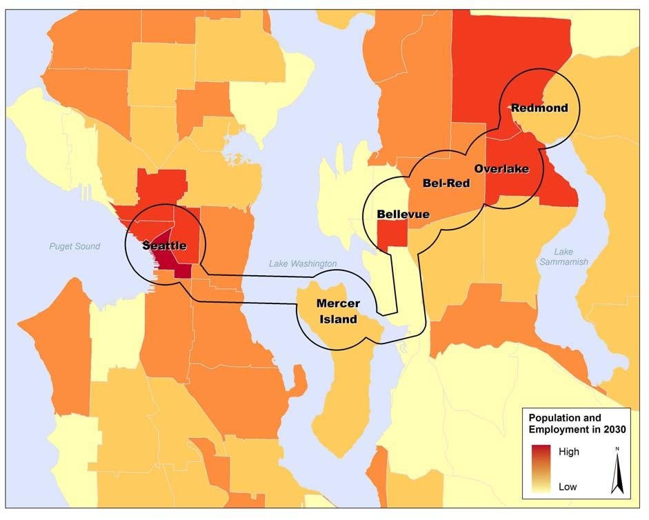 EXHIBIT 1-2 Location of High-Growth Employment and Population Centers in East Link Corridor area includes connections to identified urban centers that are going to be served by the completion of