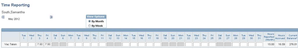 Click on the and to scroll between the weeks within the month displayed above. The view may be changed to By Month.