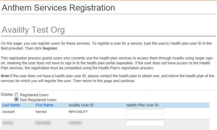 Anthem Services Registration: Registering an Availity User for Anthem Services In the table: locate each User you want to register and type the User s valid ProviderAccess User ID in the Health Plan