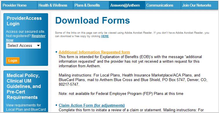 Plans, Health Insurance Marketplace/ACA Plans, and BlueCard Plans, mail to Anthem Blue Cross and